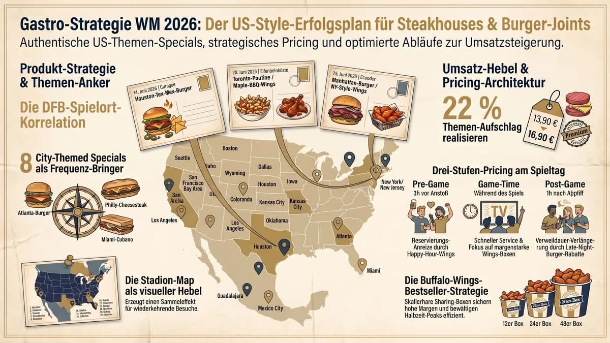 WM 2026 für Steakhouses, Burger-Joints und US-Style-Restaurants: Wie deine Karte mit der WM zusammenfällt – und welche 8 City-Specials dich von der Konkurrenz trennen