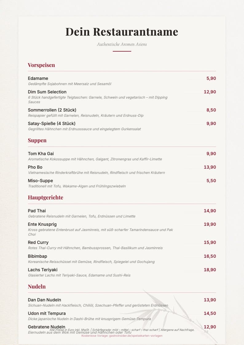 Speisekarte Asiatisch