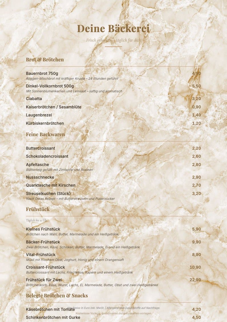 Speisekarten-Vorlage Bäckerei / Konditorei