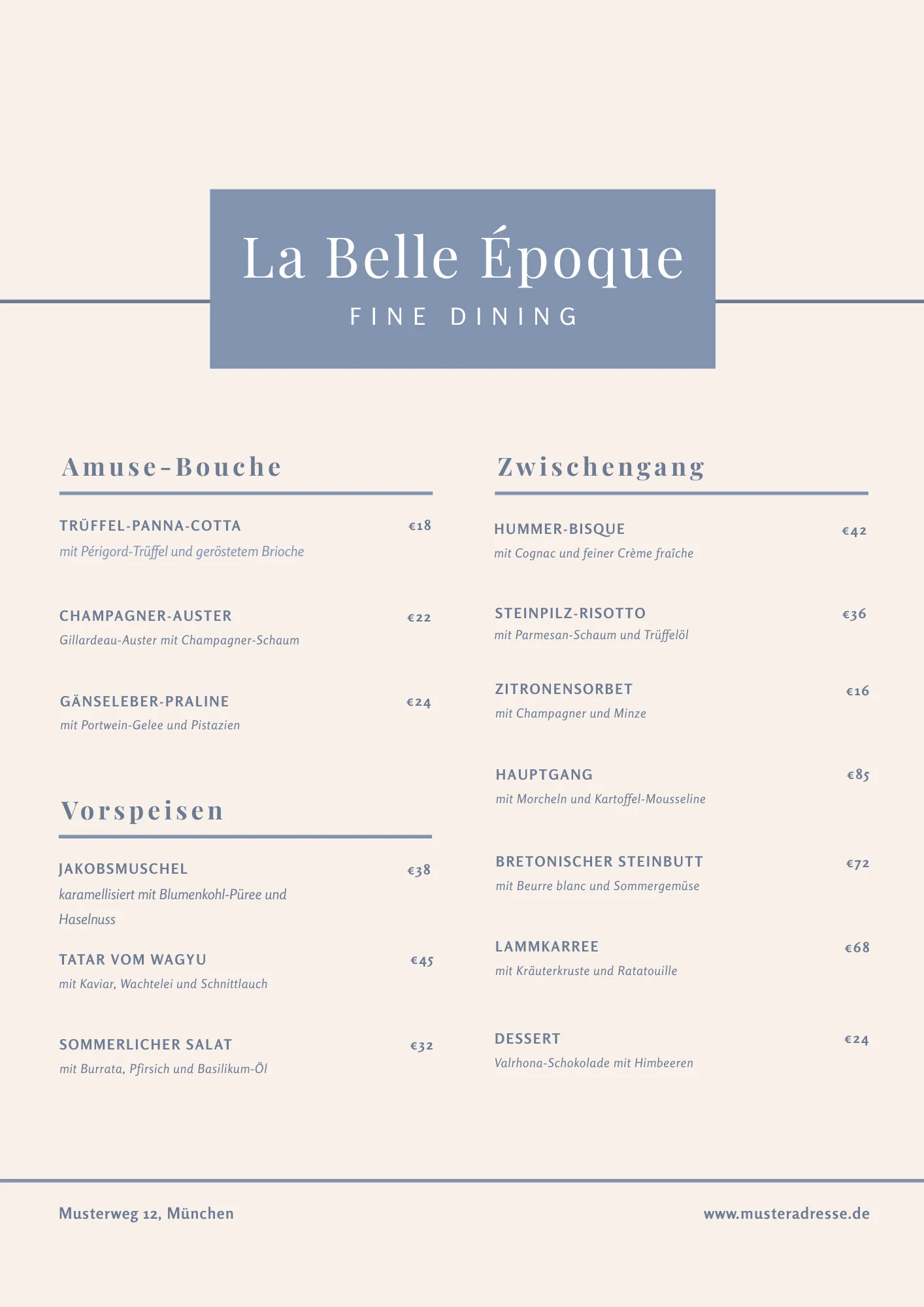 Speisekarte Belle Époque