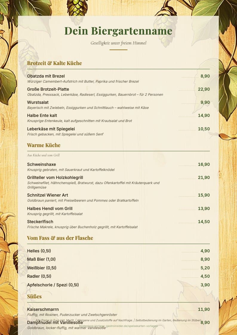Biergarten Speisekarte Vorlage Vorschau