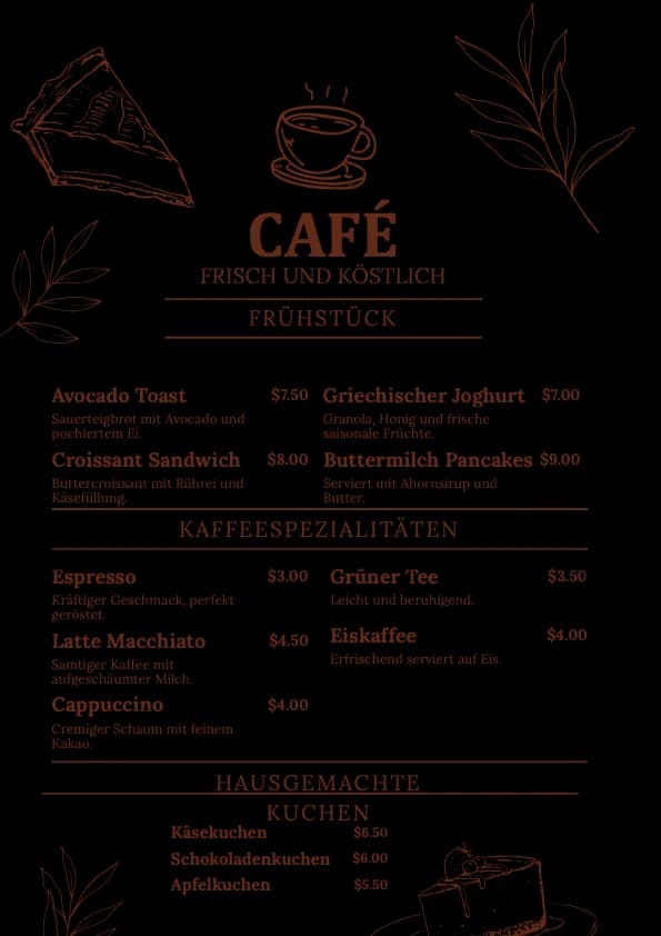 Speisekarten-Vorlage Café Klassisch