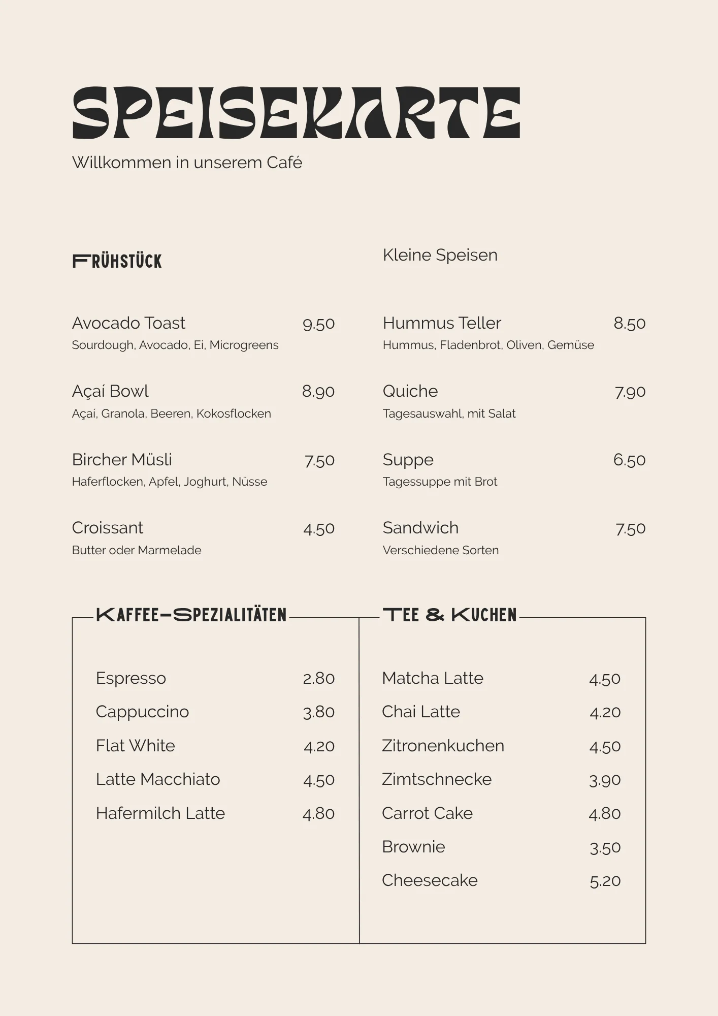 Speisekarten-Vorlage Café Modern