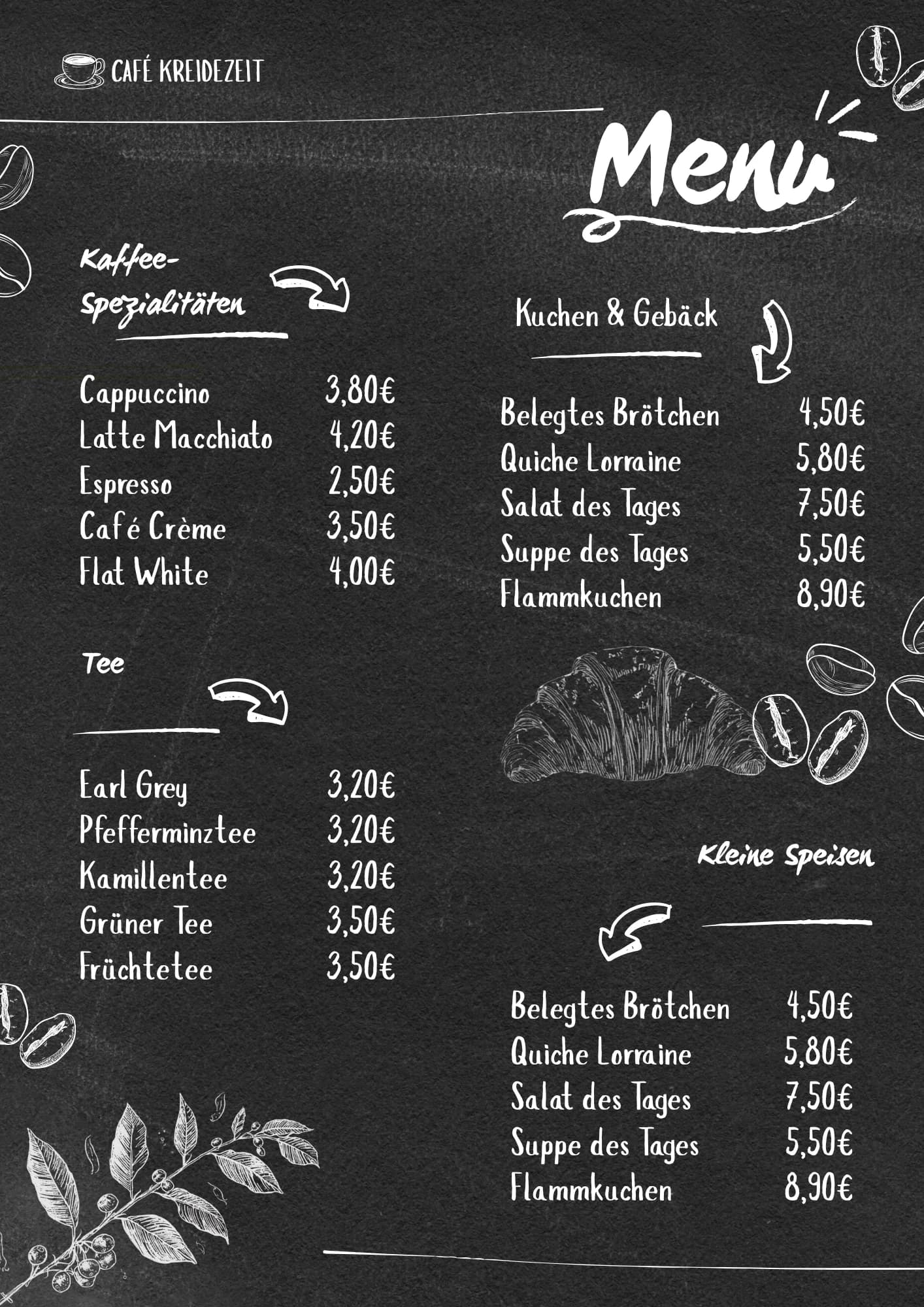 Speisekarten-Vorlage Café Tafel
