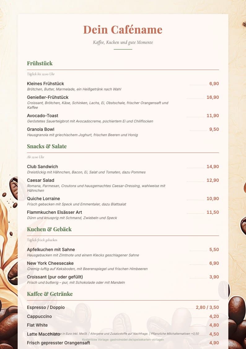 Speisekarte Café / Bistro