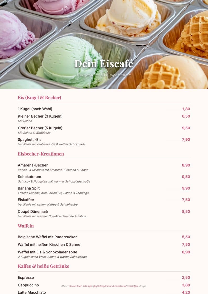 Eiscafé Speisekarte Vorlage Vorschau