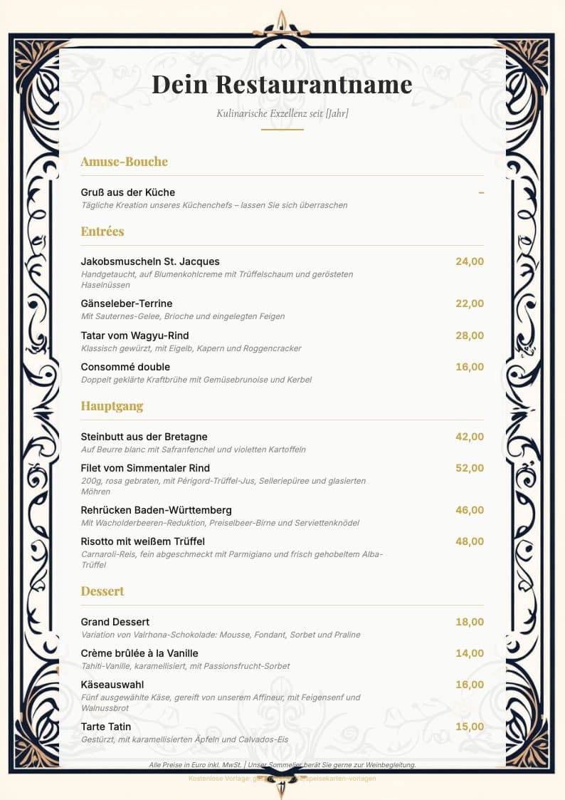 Speisekarte Fine Dining