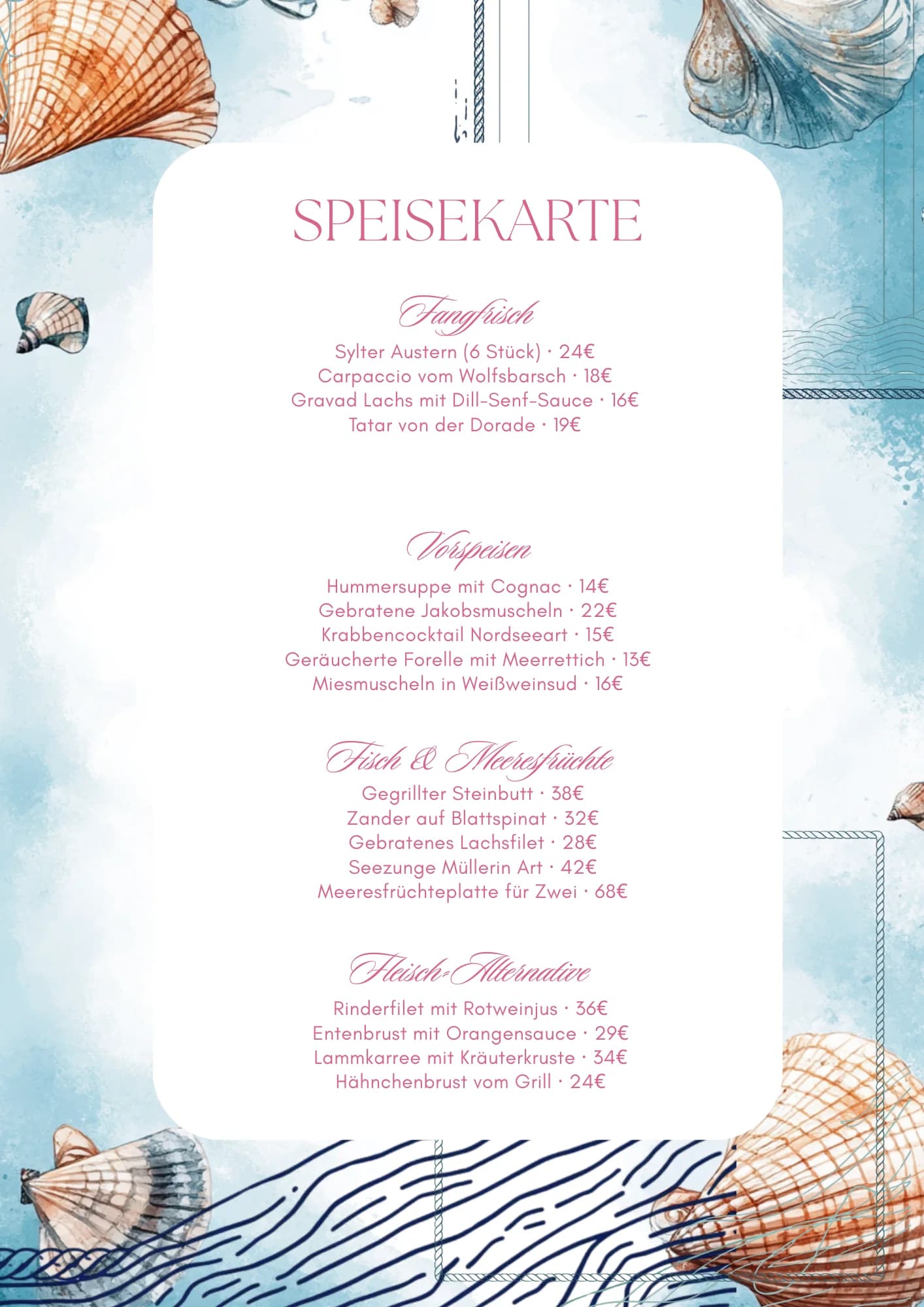 Speisekarten-Vorlage Fisch & Küste