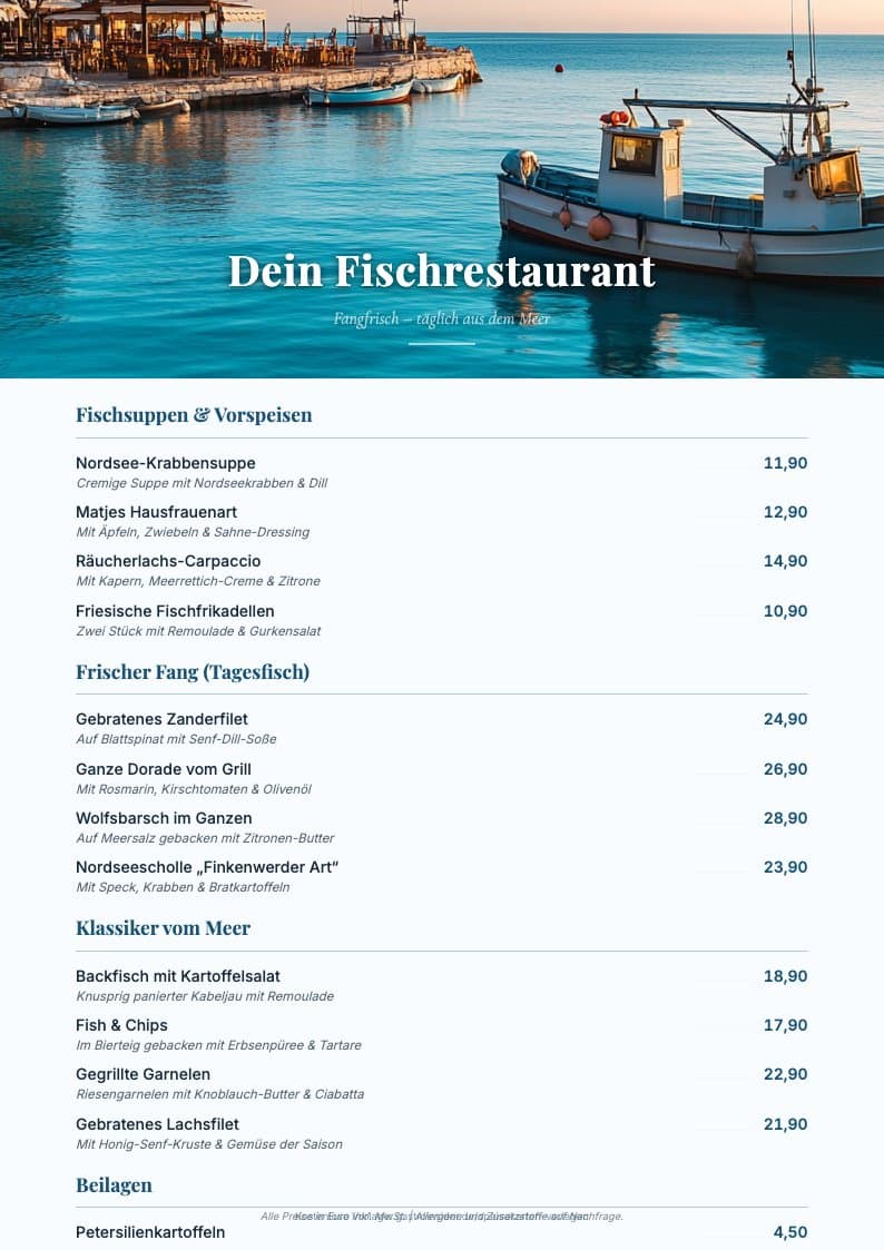 Speisekarten-Vorlage Fischrestaurant