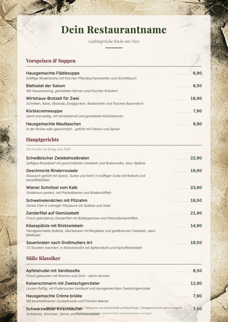 Speisekarte Gasthaus / Gutbürgerlich