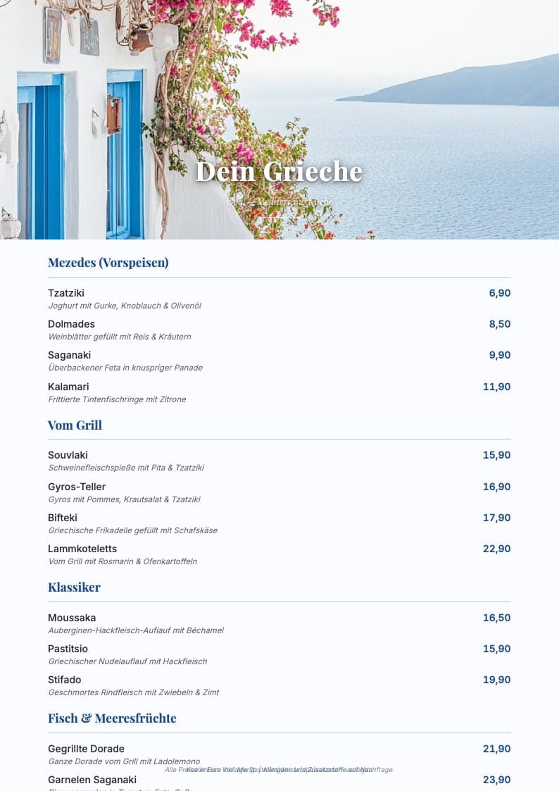 Speisekarte Griechisch
