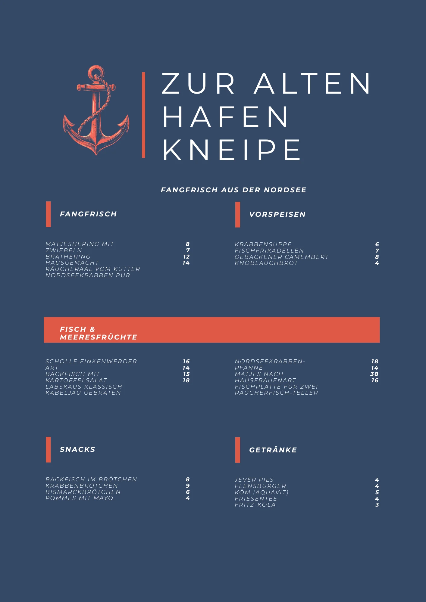 Speisekarten-Vorlage Hafenrestaurant
