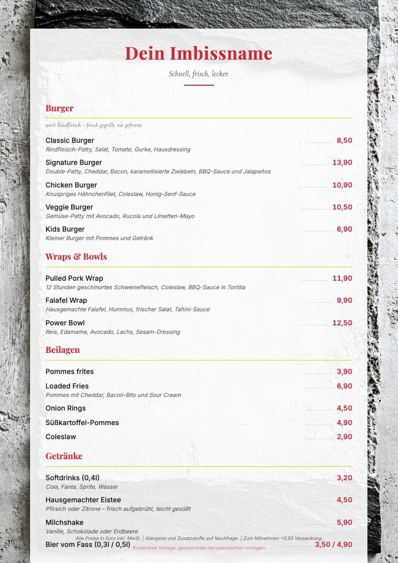 Speisekarte Imbiss / Takeaway