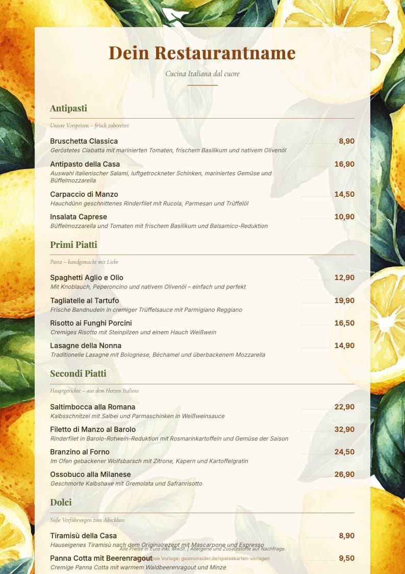 Speisekarte Italiano / Mediterran