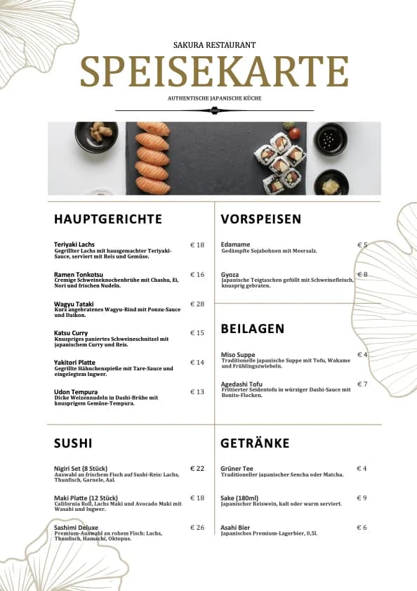 Speisekarten-Vorlage Japanisch