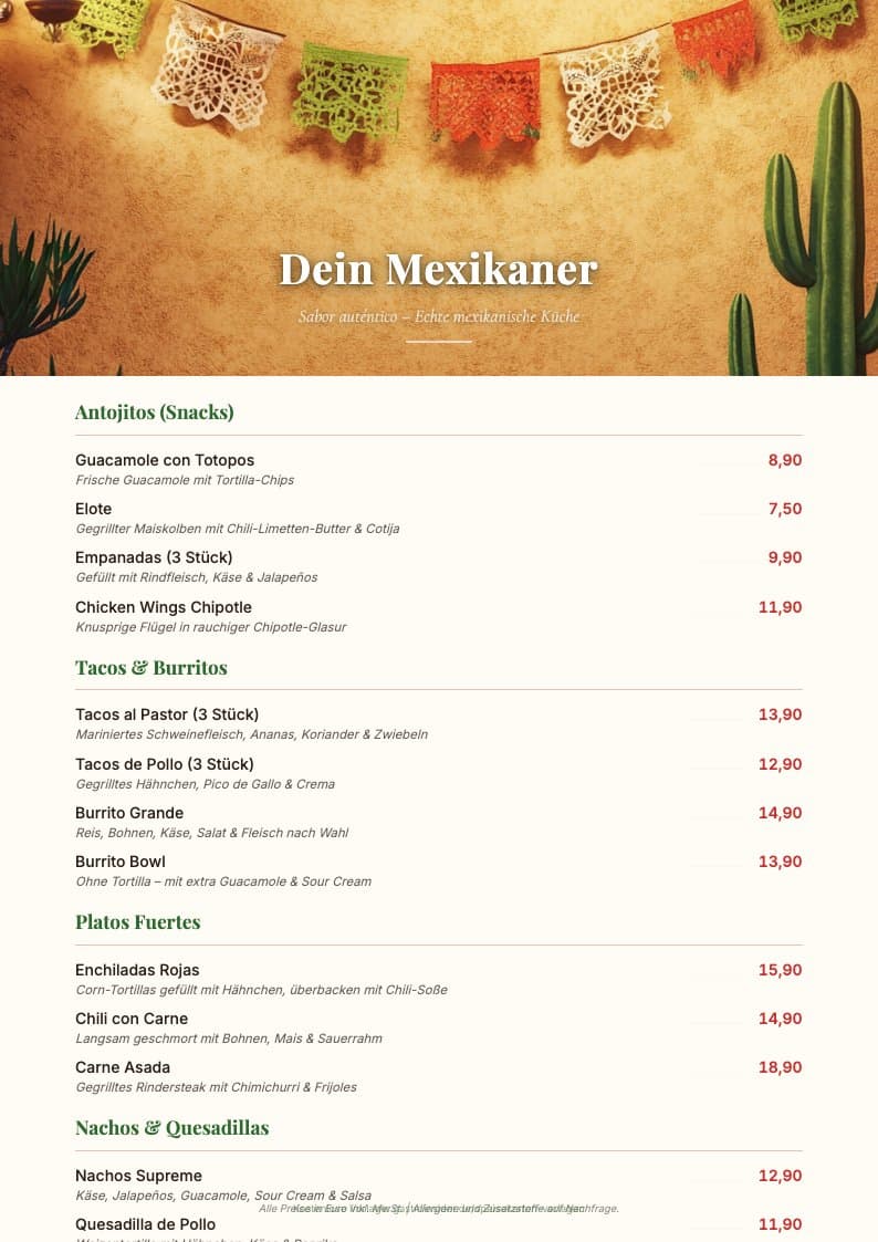 Mexikanisch Speisekarte Vorlage Vorschau