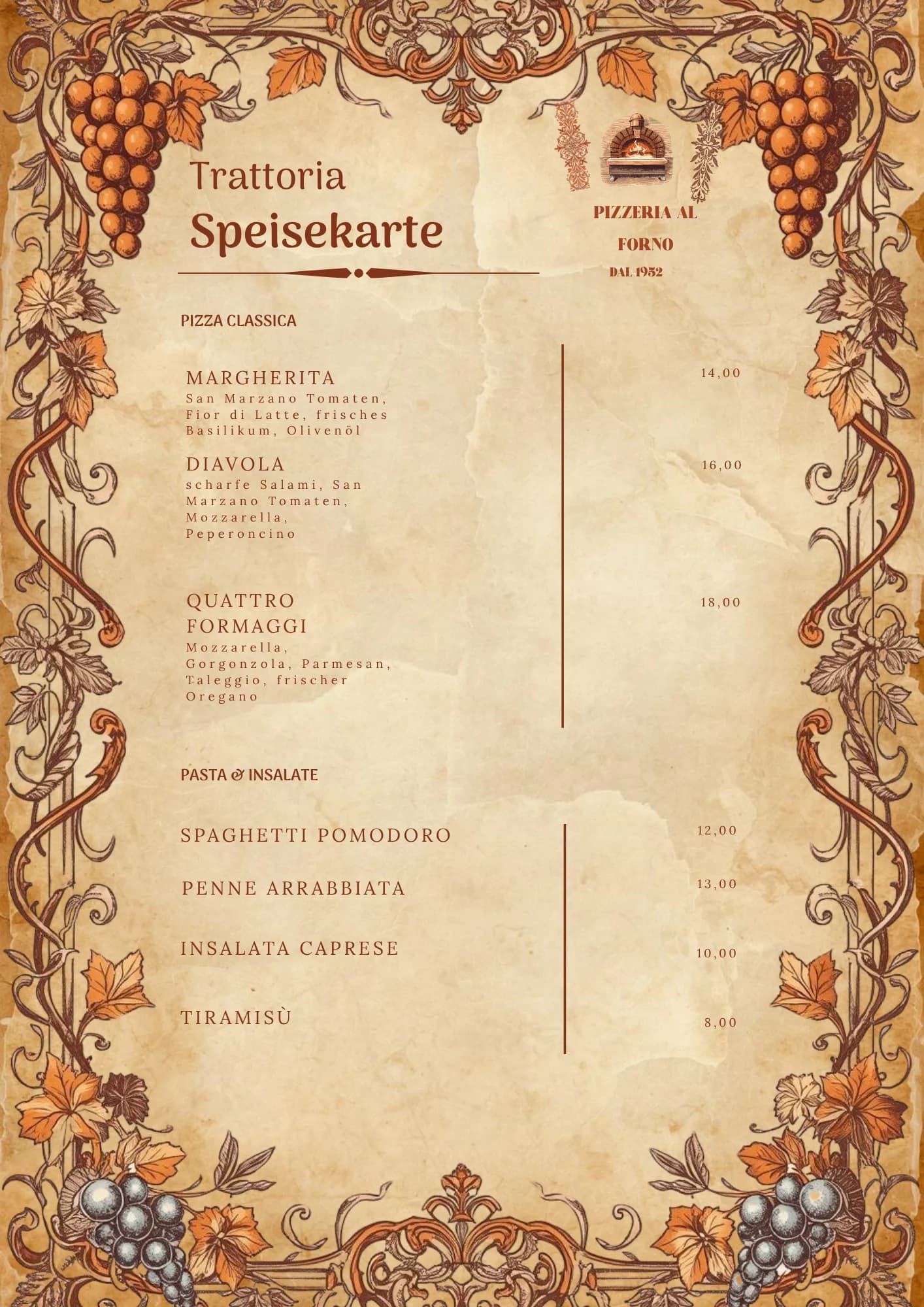 Speisekarte Pizzeria Vintage