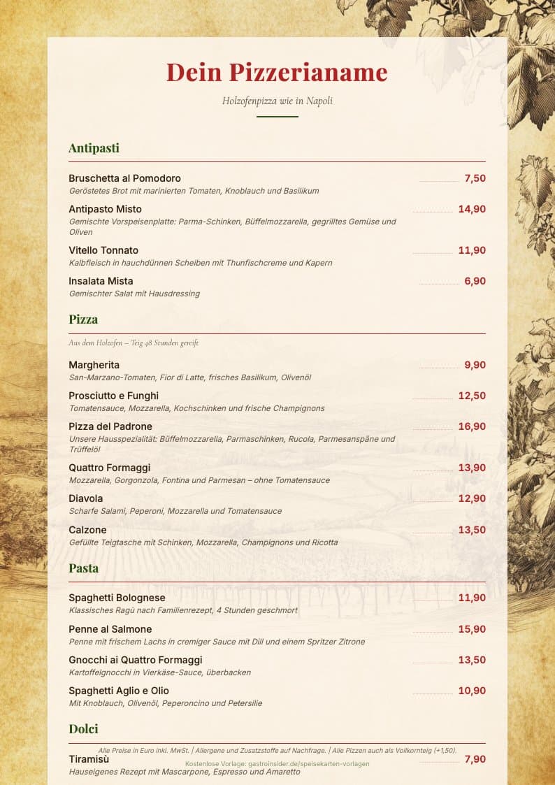 Pizzeria Speisekarte Vorlage Vorschau