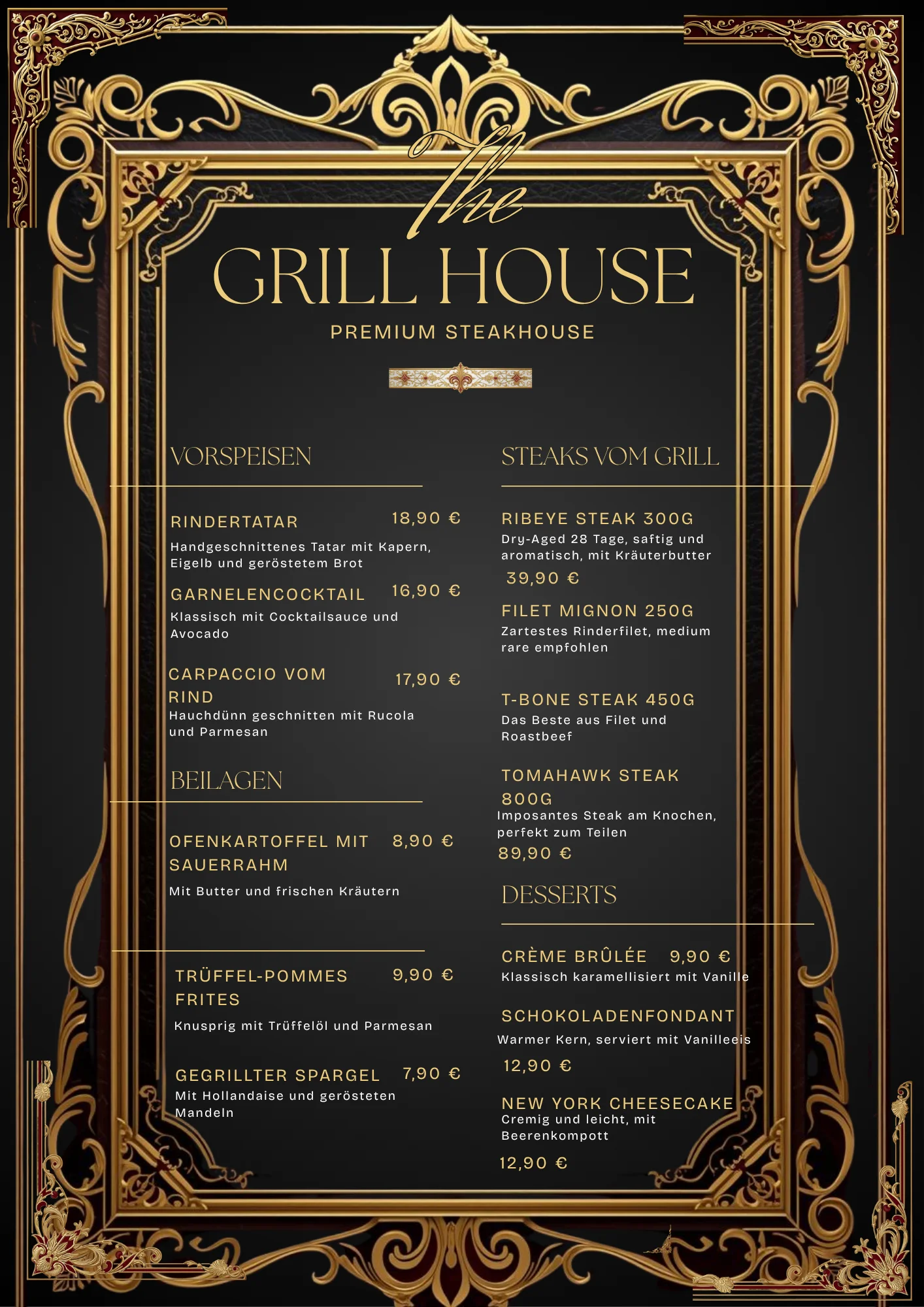 Speisekarte Premium Steakhouse