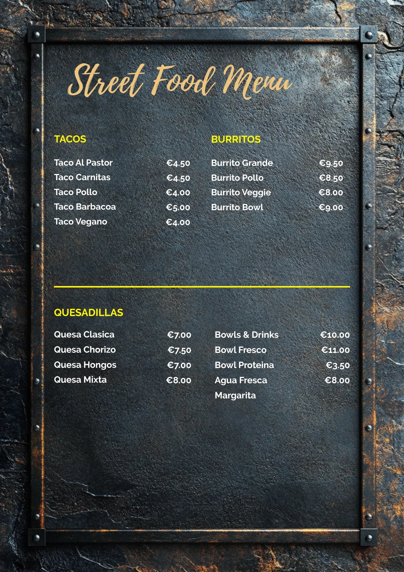 Speisekarten-Vorlage Street Food