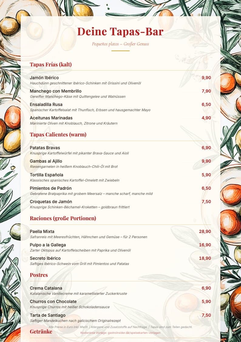Speisekarte Tapas-Bar