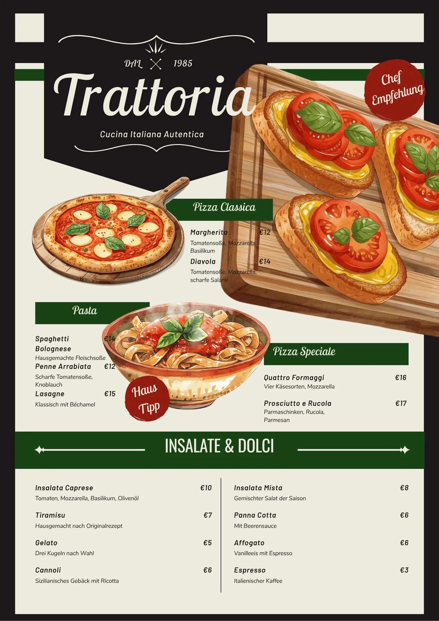 Speisekarte Trattoria
