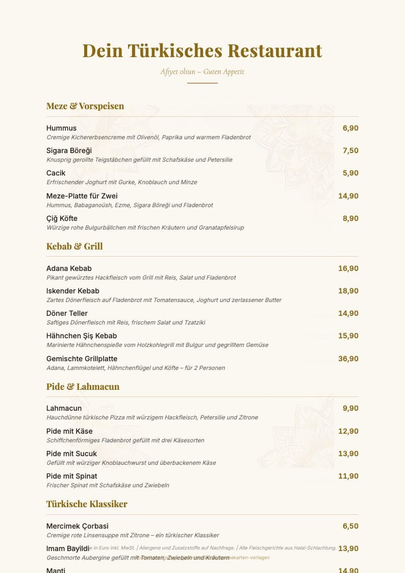 Speisekarte Türkisch / Orientalisch
