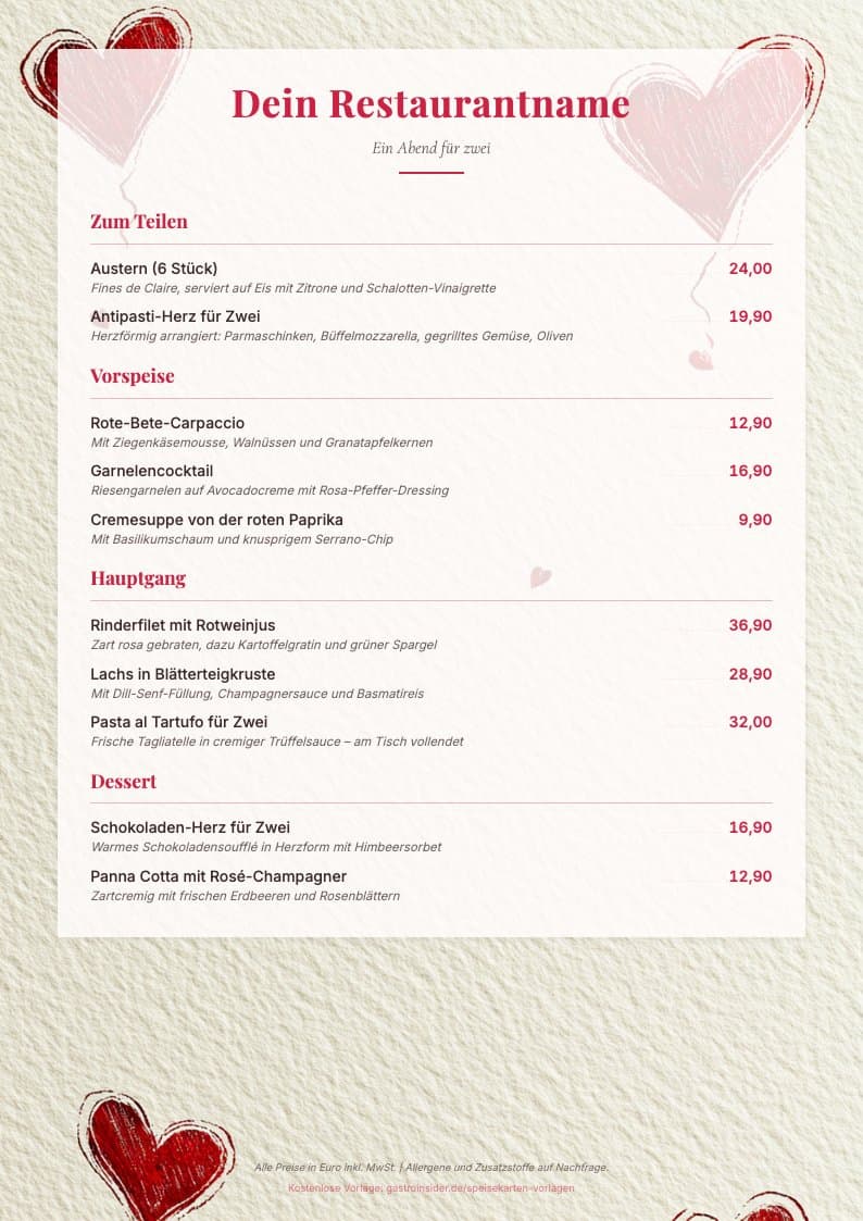 Speisekarten-Vorlage Valentinstag