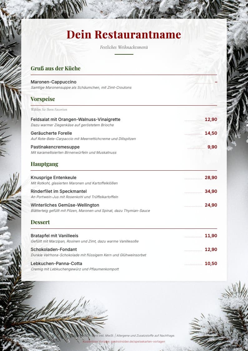 Weihnachtskarte Speisekarte Vorlage Vorschau