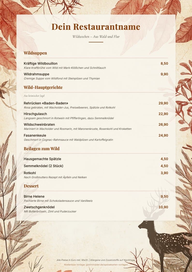 Speisekarten-Vorlage Wildwochen