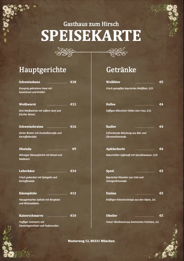 Speisekarten-Vorlage Wirtshaus