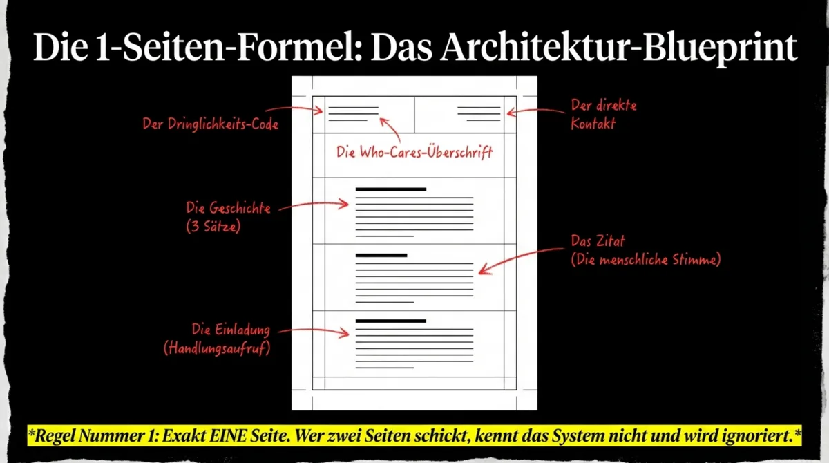 Die 1-Seiten-Formel: Architektur-Blueprint einer Pressemitteilung mit Dringlichkeits-Code, Who-Cares-Überschrift, Geschichte, Zitat und Handlungsaufruf