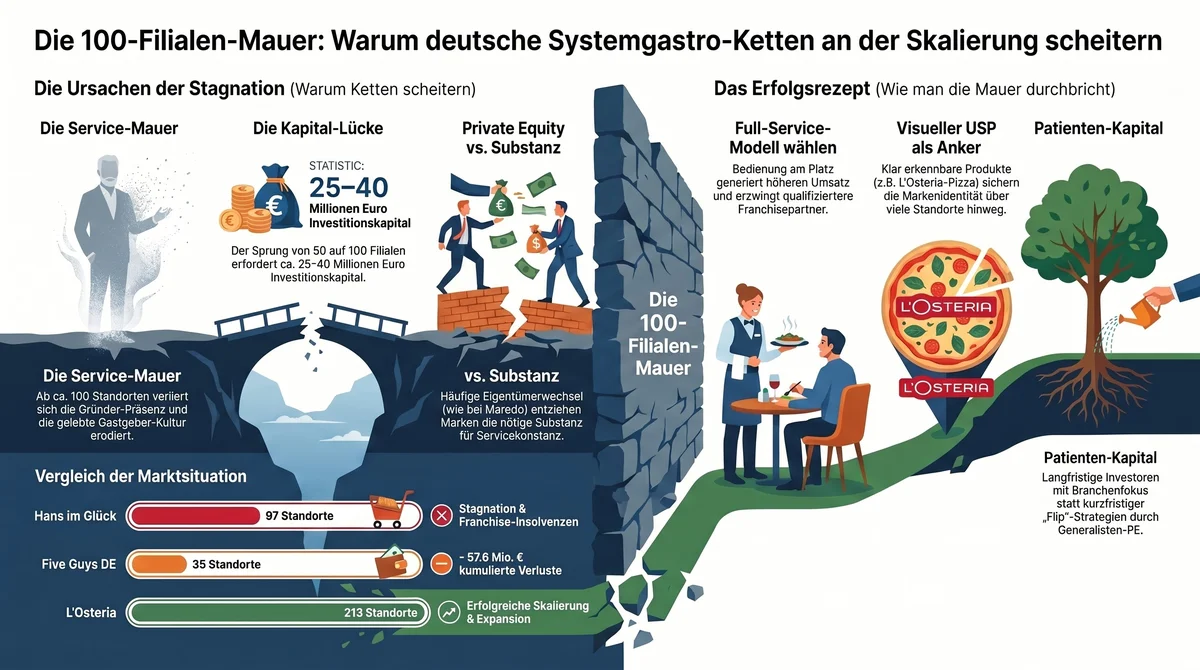 Die 100-Filialen-Mauer in der Systemgastronomie: Ursachen der Stagnation und Erfolgsrezept – Infografik mit Marktvergleich Hans im Glück, Five Guys und L'Osteria