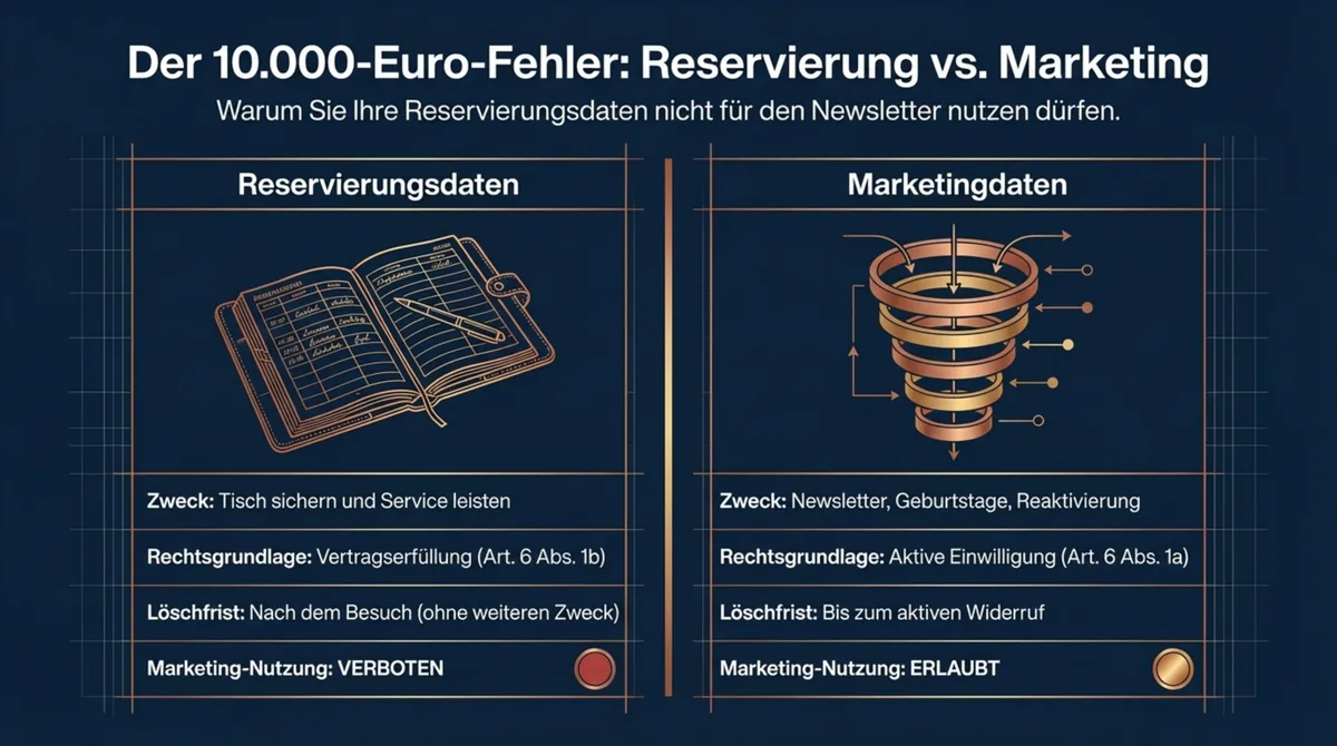 Der 10.000-Euro-Fehler: Reservierungsdaten dürfen nicht für Marketing genutzt werden — Vertragserfüllung vs. aktive Einwilligung