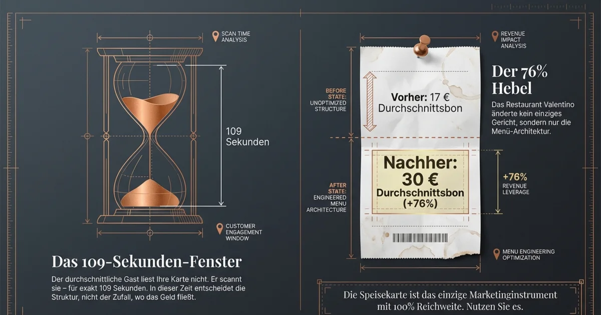 Das 109-Sekunden-Fenster: Gäste scannen die Speisekarte in 109 Sekunden — in dieser Zeit entscheidet die Struktur über den Umsatz, nicht der Zufall