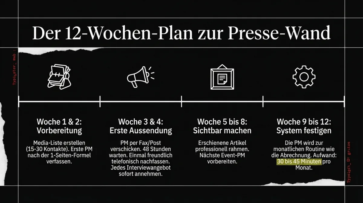 Der 12-Wochen-Plan zur Presse-Wand: Vorbereitung, erste Aussendung, sichtbar machen, System festigen – Restaurant Pressearbeit Schritt für Schritt