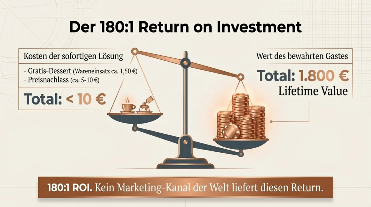 1800 Euro ROI Beschwerde Restaurant: Unter 10 Euro Sofortlösung sichert 1800 Euro Lifetime Value, 180 zu 1 Return on Investment