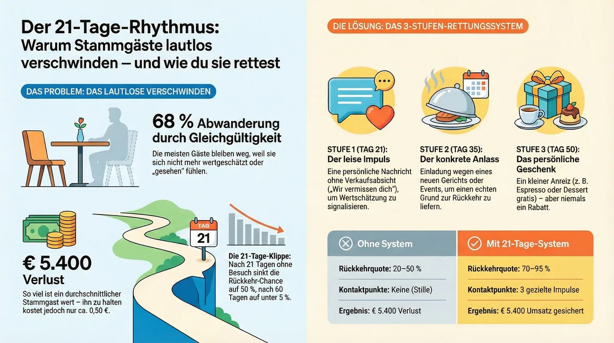 Der 21-Tage-Rhythmus: Infografik mit Problem, 3-Stufen-Rettungssystem und Ergebnisvergleich ohne und mit System