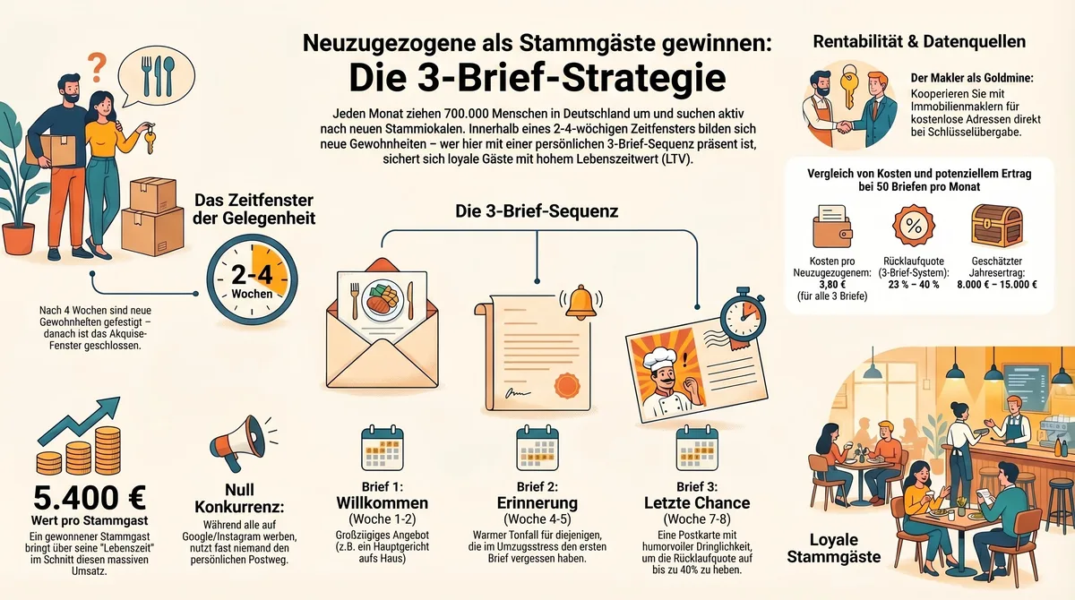 Infografik 3-Brief-Strategie für Neuzugezogene: Willkommen, Erinnerung, Last-Chance-Postkarte im Überblick
