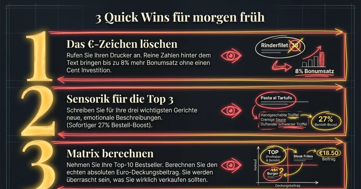 3 Quick Wins für morgen früh: Euro-Zeichen löschen für 8% mehr Bonumsatz, Sensorik für die Top 3 Gerichte schreiben für 27% Bestell-Boost, Menu Engineering Matrix berechnen