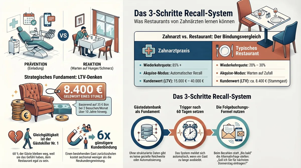 3-Schritte Recall-System für Restaurants: Gästedatenbank, Trigger, Folgebuchungs-Formel