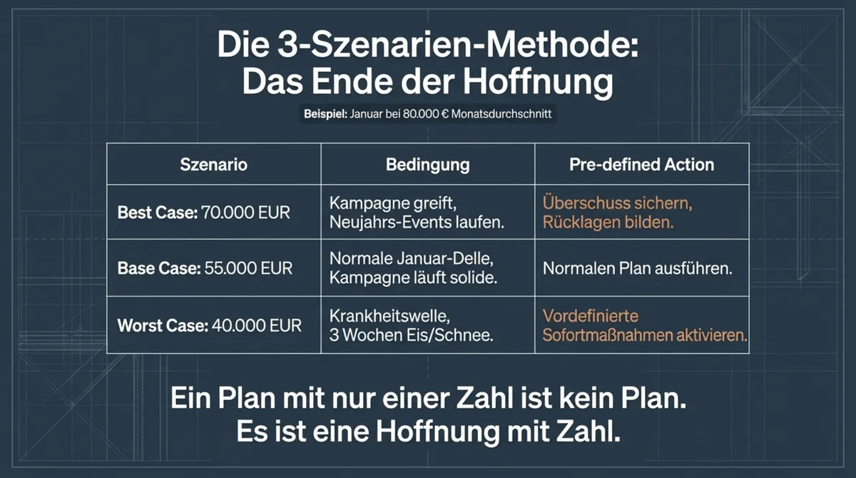 3-Szenarien-Methode Restaurant: Best Case 70.000 Euro, Base Case 55.000 Euro, Worst Case 40.000 Euro Umsatzplanung
