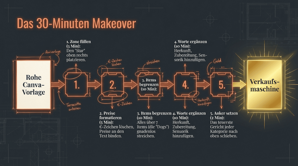 Das 30-Minuten Makeover: In 5 Schritten von der rohen Canva-Vorlage zur Verkaufsmaschine