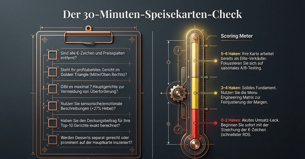 Der 30-Minuten-Speisekarten-Check mit Scoring Meter: 6 Checkpunkte von Euro-Zeichen bis Dessert-Platzierung — 0-2 Haken bedeutet akutes Umsatz-Leck