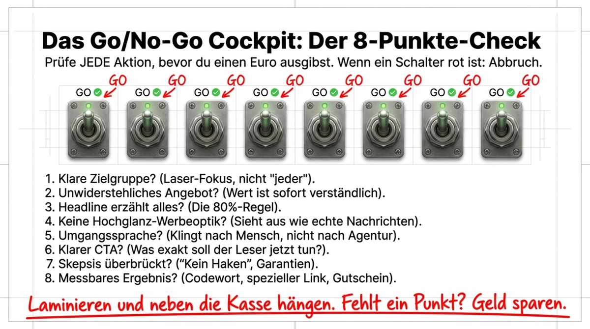 Der 300er-Test: Start mit 50 Euro Micro-Investition, Gate 1 Tracking, bei positivem ROI skalieren, bei negativem maximal 50 Euro Verlust