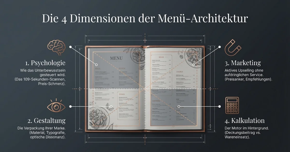 Die 4 Dimensionen der Menü-Architektur: Psychologie, Gestaltung, Marketing und Kalkulation — jede Dimension beeinflusst den Umsatz