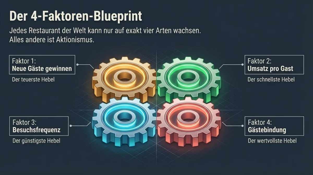 Der 4-Faktoren-Blueprint: Neue Gäste gewinnen, Umsatz pro Gast steigern, Besuchsfrequenz erhöhen, Gäste länger halten