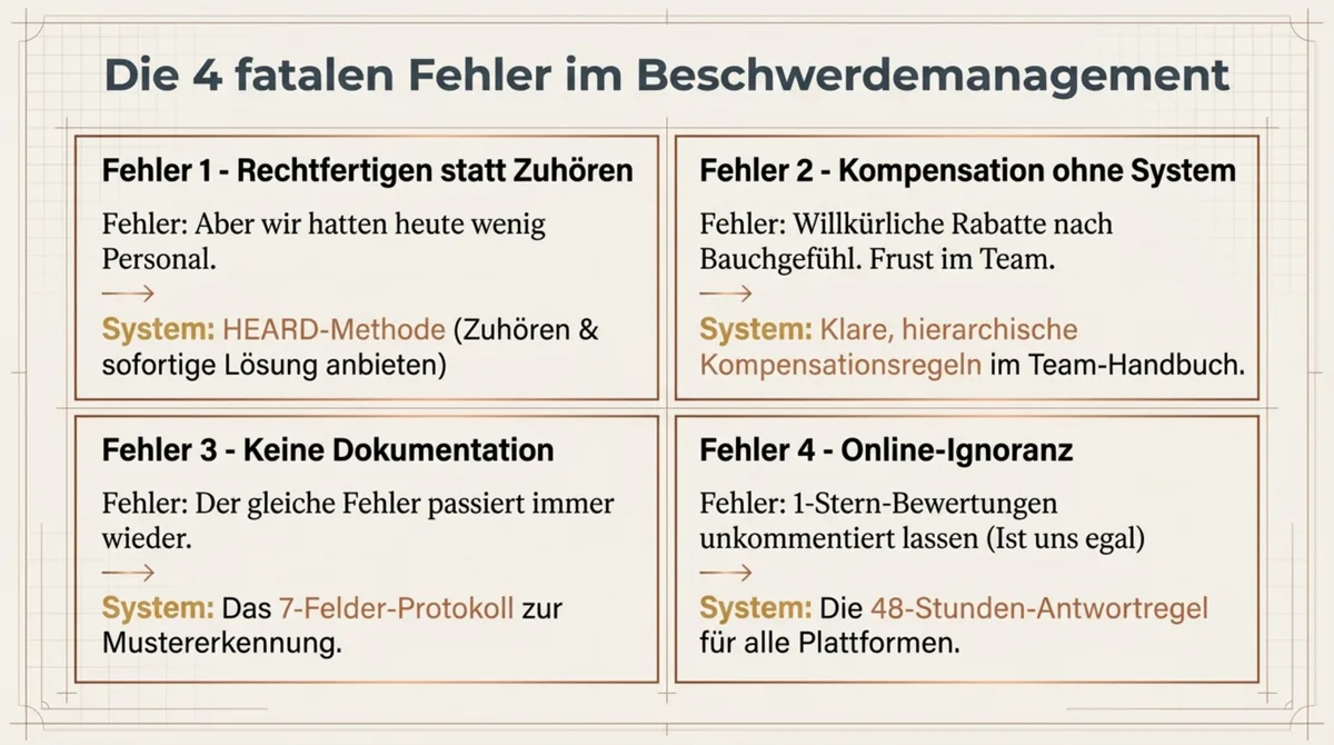 4 fatale Fehler Beschwerdemanagement Restaurant: Rechtfertigen statt Zuhören, willkürliche Kompensation, fehlende Dokumentation, Online-Ignoranz