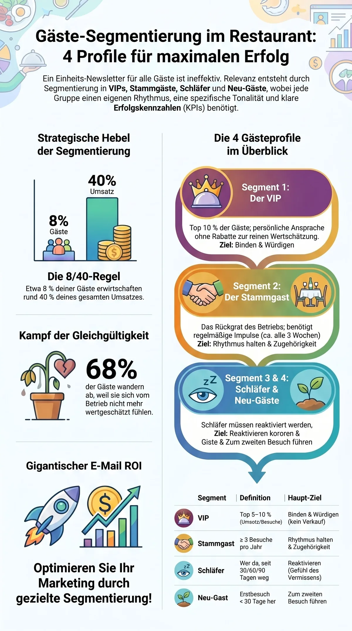 Die 4 Gäste-Segmente für das Restaurant-CRM im Überblick: VIP, Stammgast, Schläfer und Neu-Gast mit Anteil, Hauptziel und Leit-Kennzahl