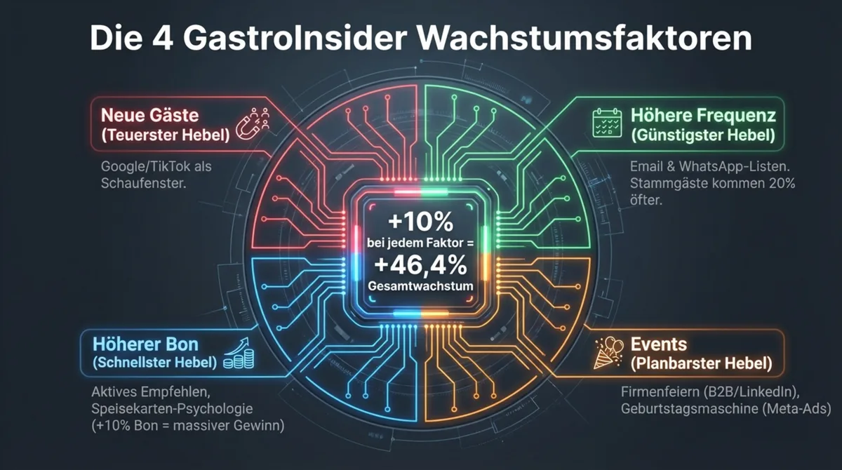 Die 4 GastroInsider Wachstumsfaktoren: Neue Gäste, Höhere Frequenz, Höherer Bon und Events – plus 15 Prozent bei jedem Faktor ergibt plus 75 Prozent Gesamtwachstum